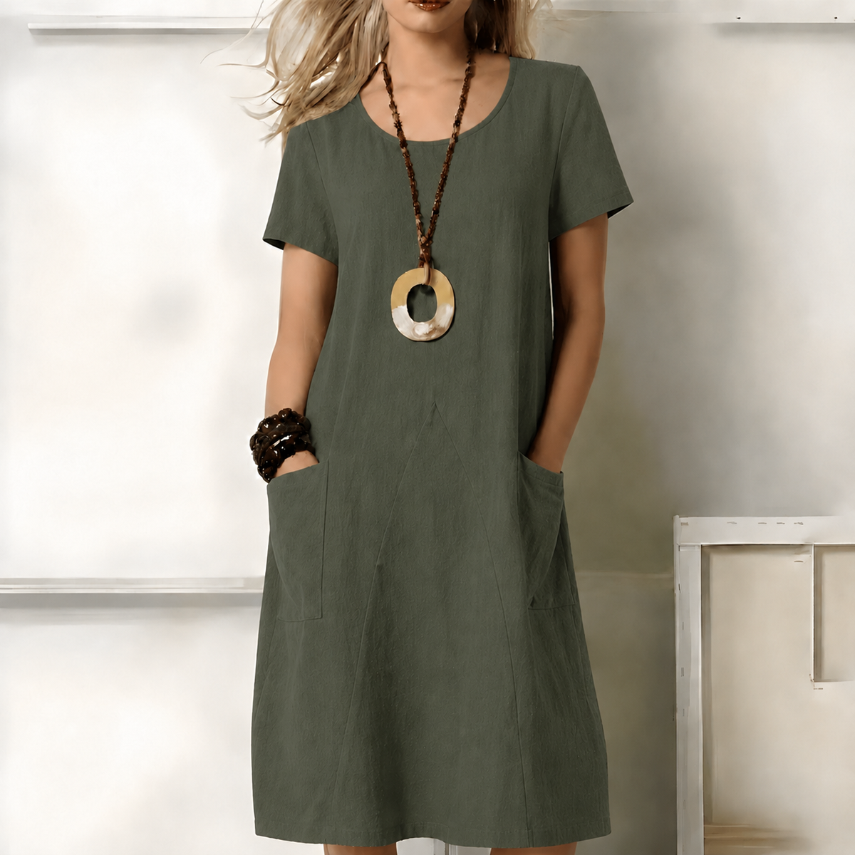 Josephine | Short Sleeve Casual Summer Midi Dress White Brown — Green