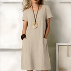 Josephine | Short Sleeve Casual Summer Midi Dress White Brown — Beige