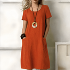Josephine | Short Sleeve Casual Summer Midi Dress White Brown — Orange