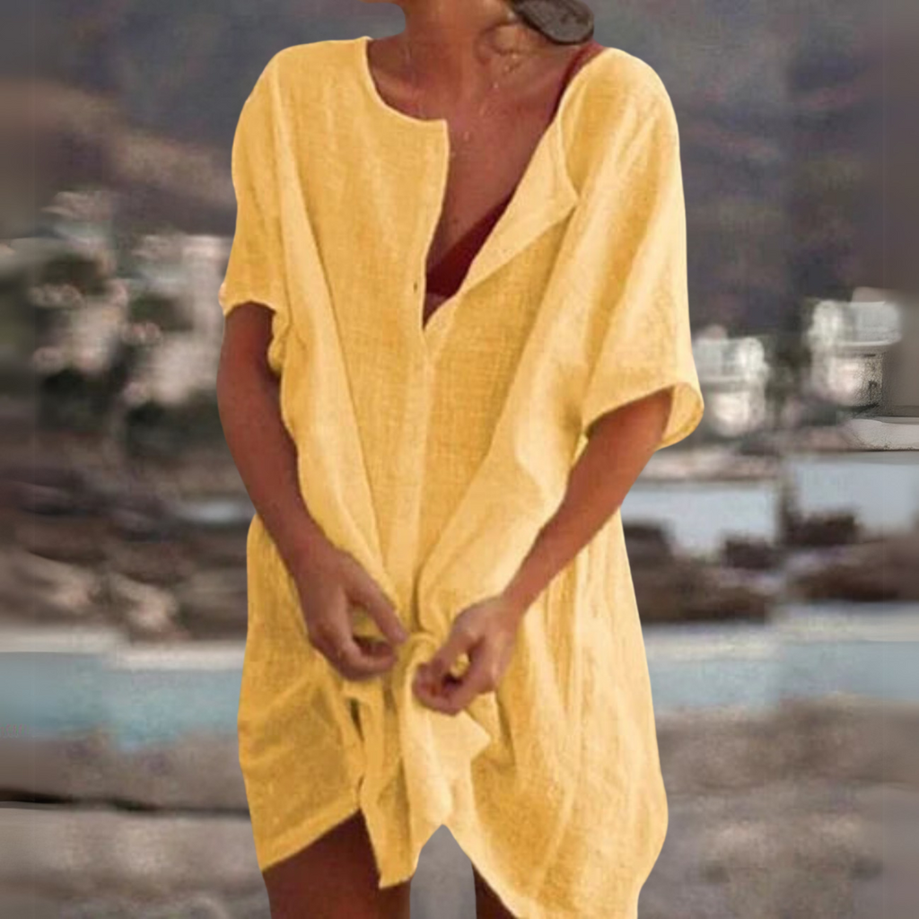 Lucienne | Women Casual Summer Pink Midi Cotton Dress — Yellow