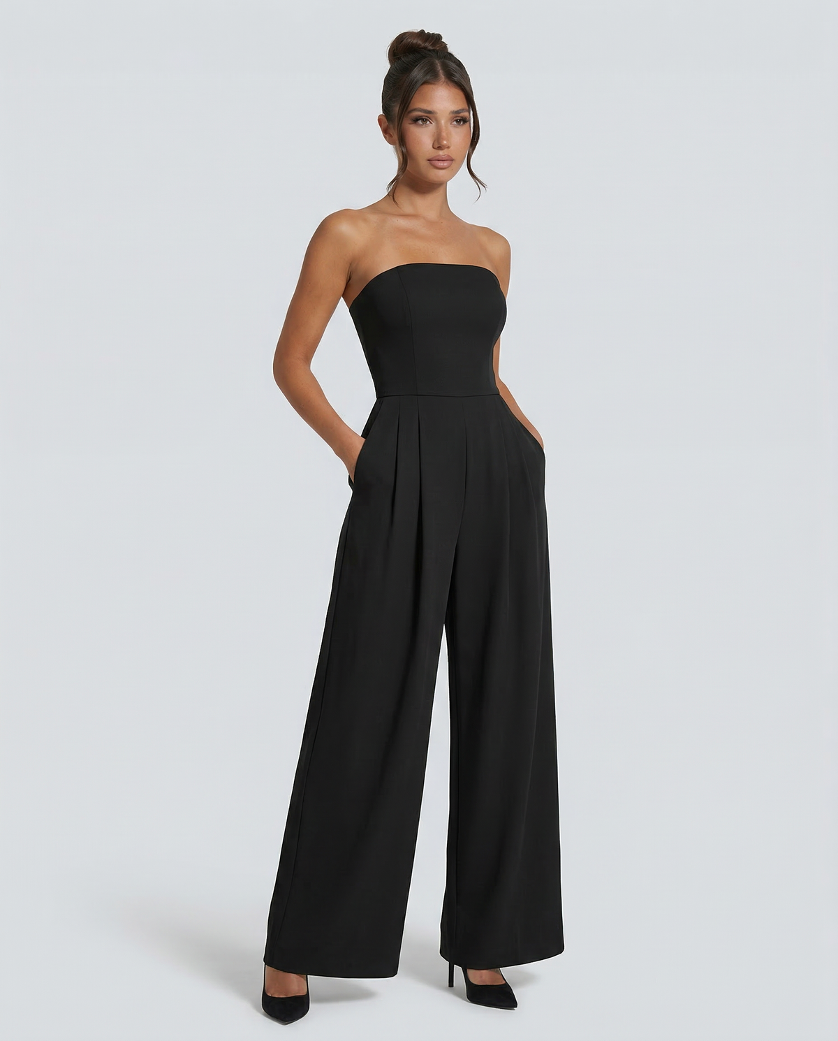 Ursula | Red Pink Linen Strapless Wide Leg Party Wear Jumpsuit — Black
