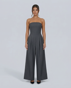 Ursula | Red Pink Linen Strapless Wide Leg Party Wear Jumpsuit — Gray
