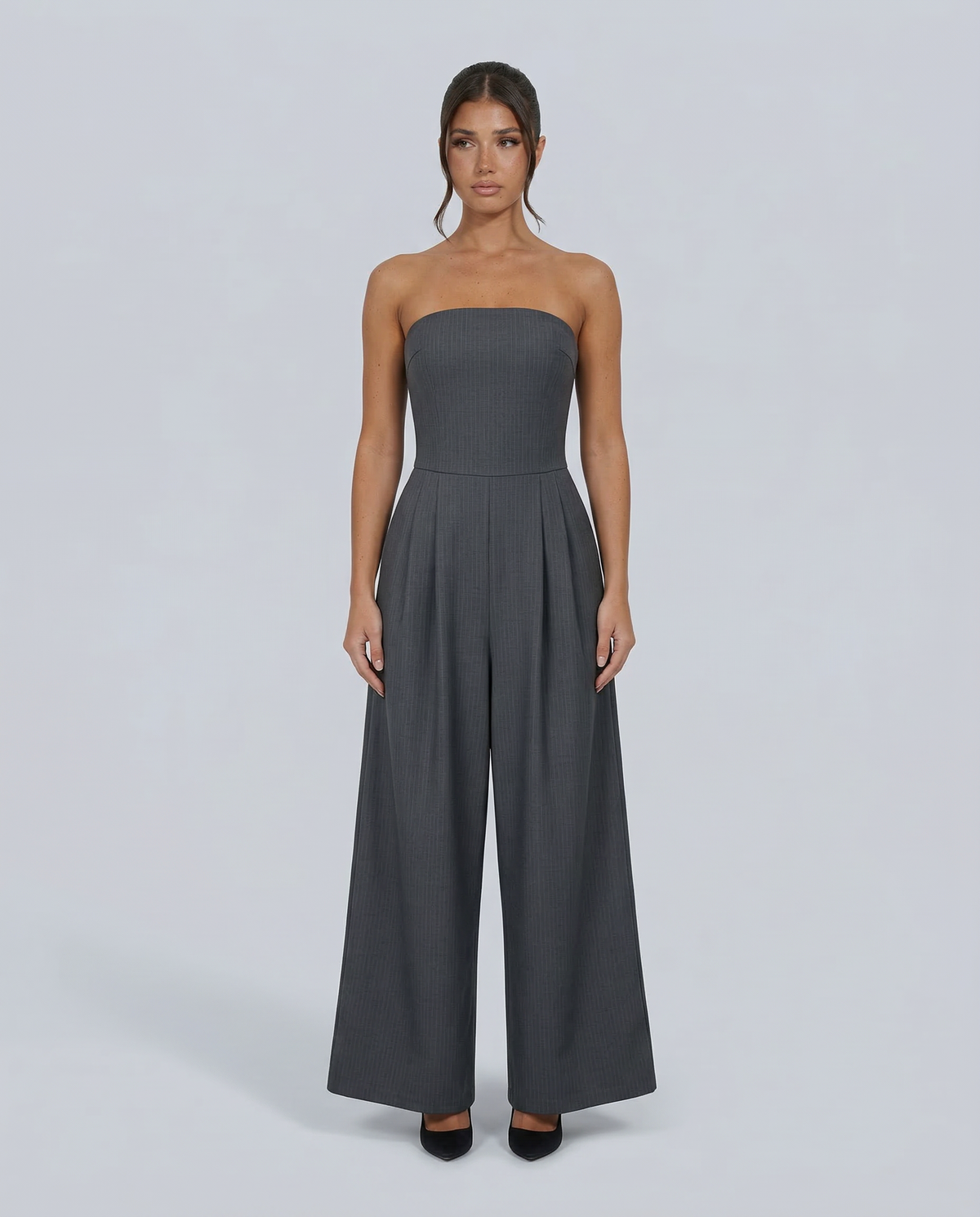 Ursula | Red Pink Linen Strapless Wide Leg Party Wear Jumpsuit — Gray