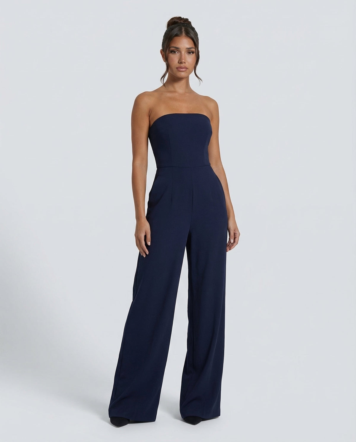 Ursula | Red Pink Linen Strapless Wide Leg Party Wear Jumpsuit — Navy