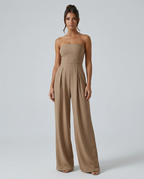 Ursula | Red Pink Linen Strapless Wide Leg Party Wear Jumpsuit — Khaki