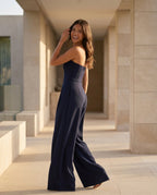 Ursula | Red Pink Linen Strapless Wide Leg Party Wear Jumpsuit