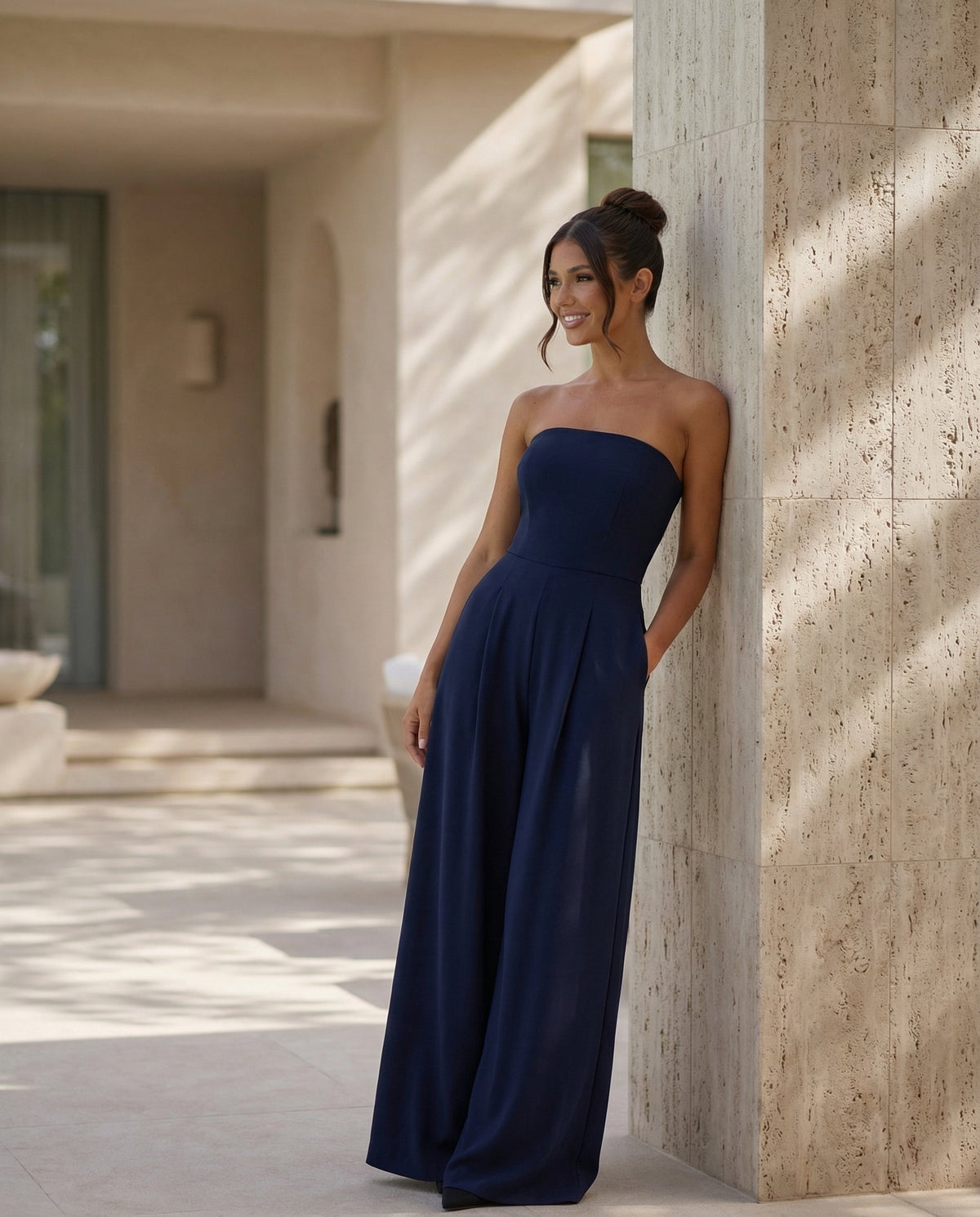 Ursula | Red Pink Linen Strapless Wide Leg Party Wear Jumpsuit