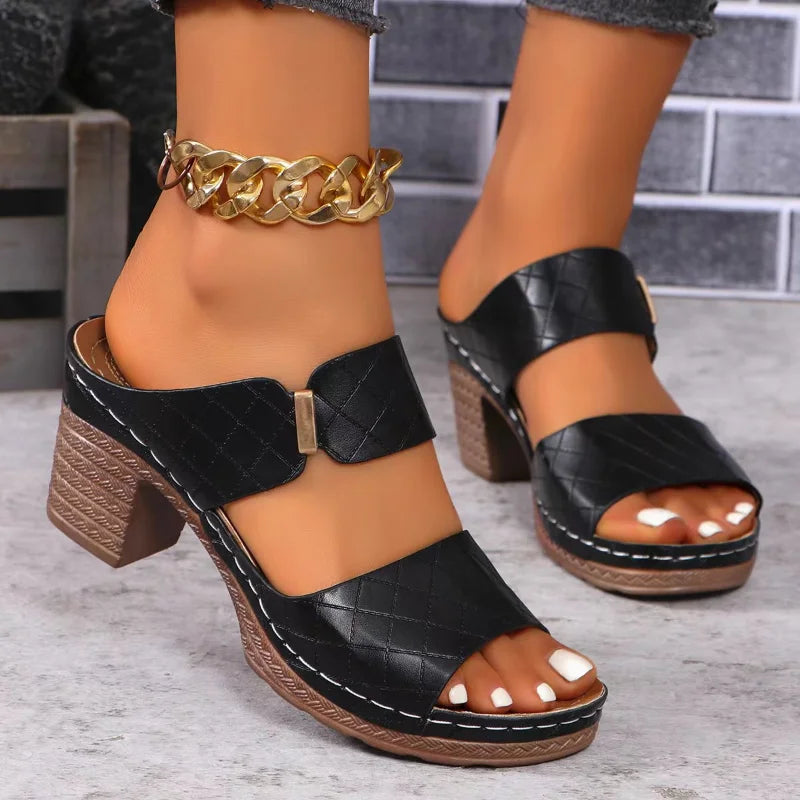 Francesca | Strappy Mid Block Heel Sandals Black Nude Brown Orange — Black