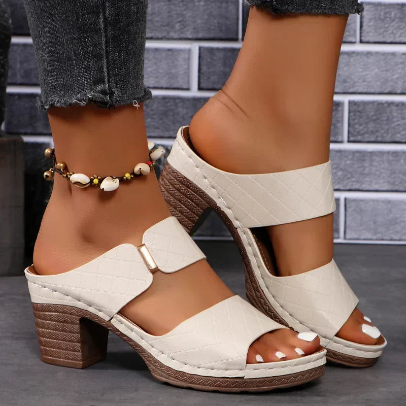 Francesca | Strappy Mid Block Heel Sandals Black Nude Brown Orange — Beige