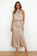 Cordelia | Satin Halter Midi Dress White Summer Maxi Mini — Champagne