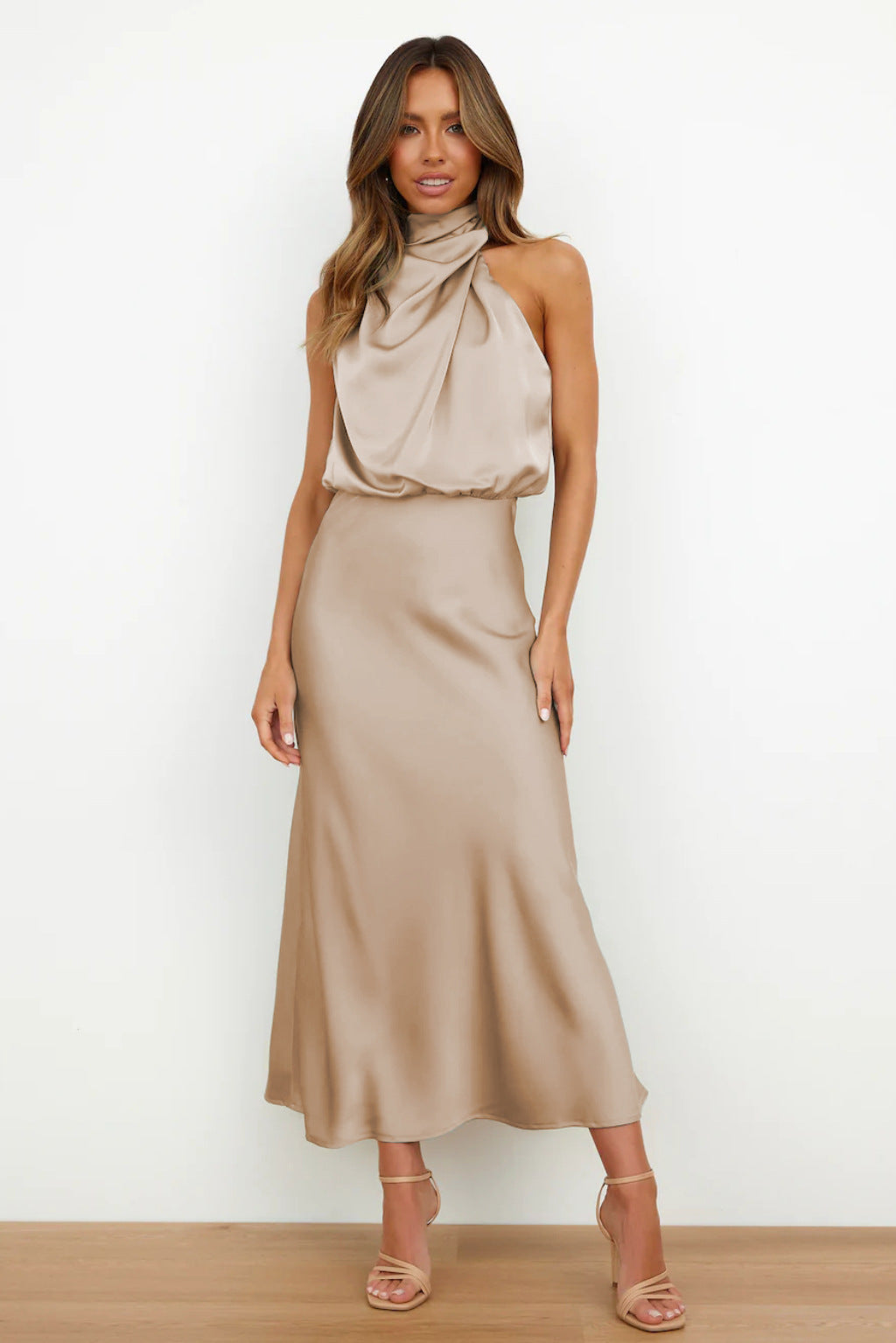 Cordelia | Satin Halter Midi Dress White Summer Maxi Mini — Champagne