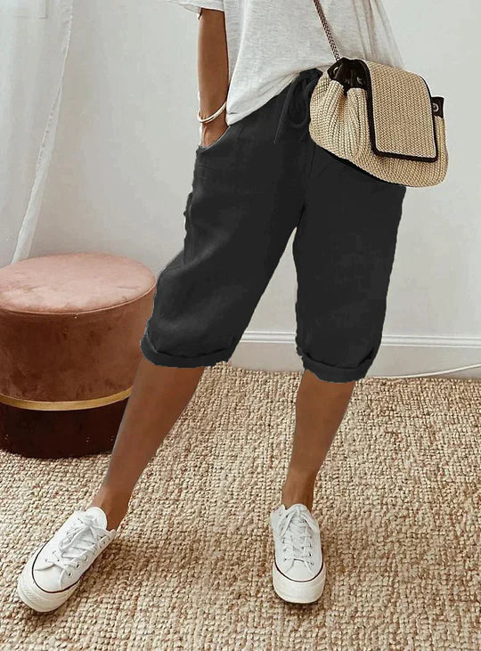 Yolanda | White Wide Leg Linen Pants Summer Relaxed Trousers — Black