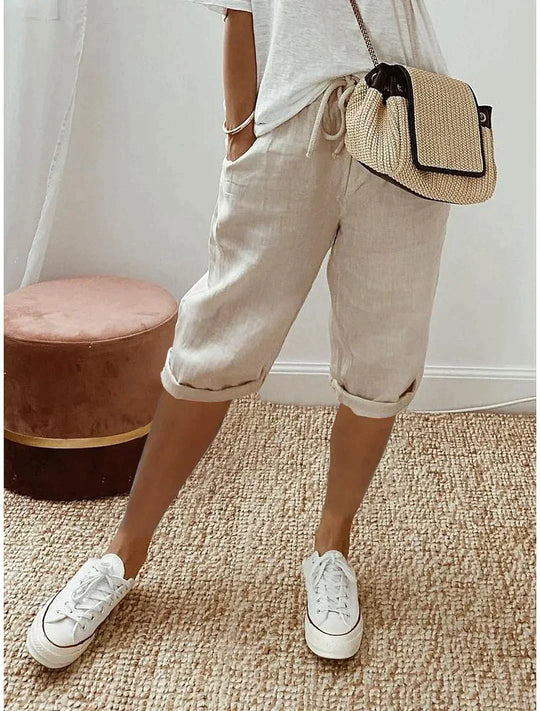 Yolanda | White Wide Leg Linen Pants Summer Relaxed Trousers — Beige