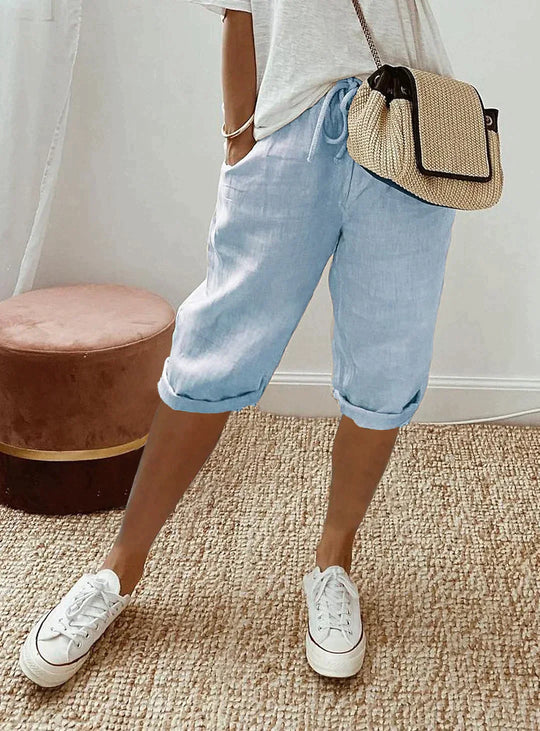 Yolanda | White Wide Leg Linen Pants Summer Relaxed Trousers — Blue