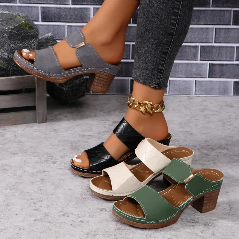 Francesca | Strappy Mid Block Heel Sandals Black Nude Brown Orange