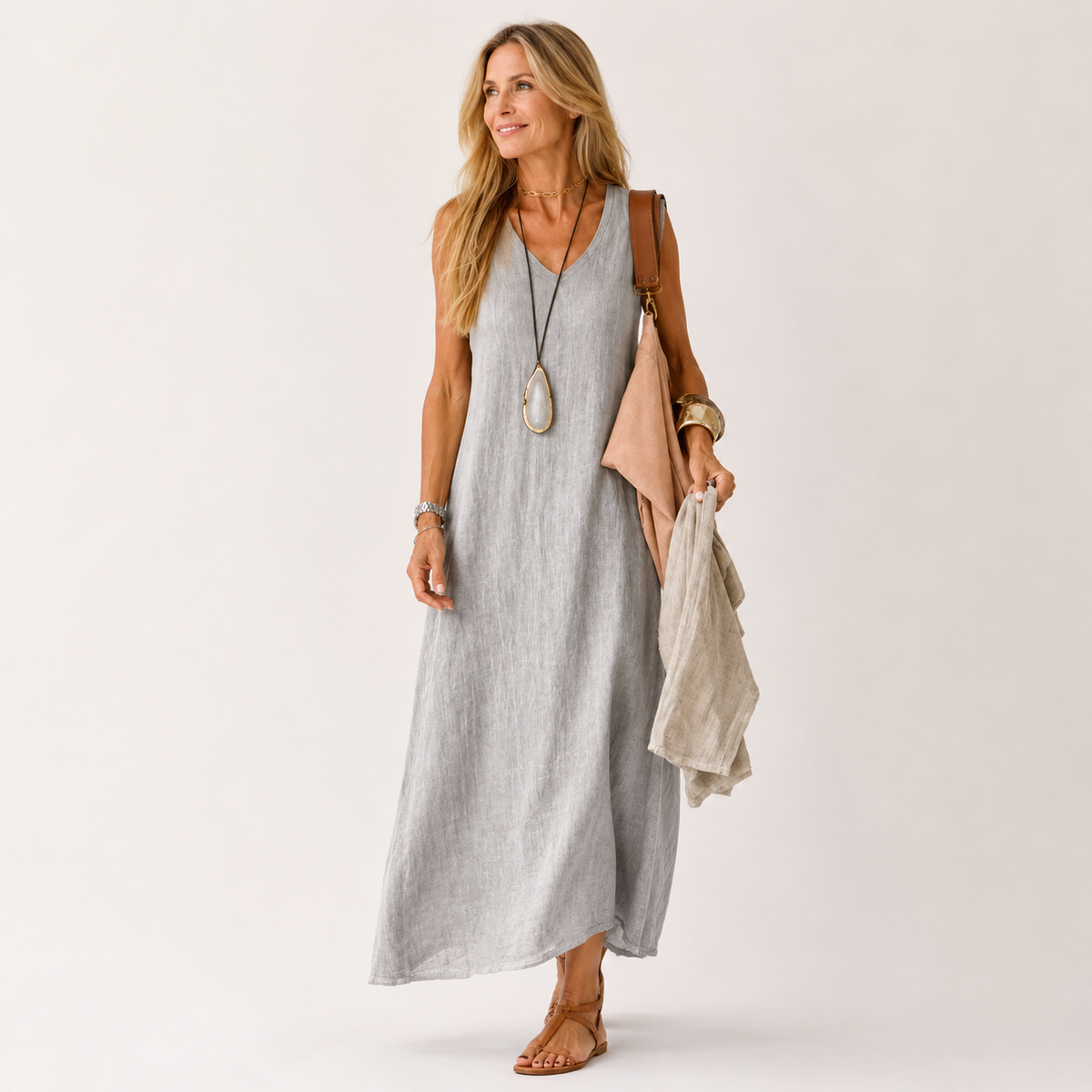 Apolline | Cotton Linen Silk Satin Maxi Dress Women Occasion — Grey
