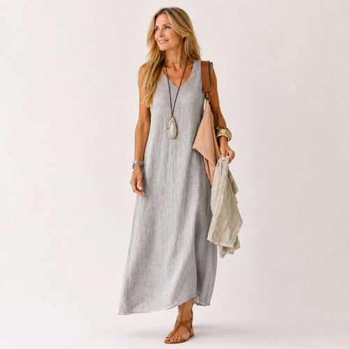Apolline | Cotton Linen Silk Satin Maxi Dress Women Occasion — Grey