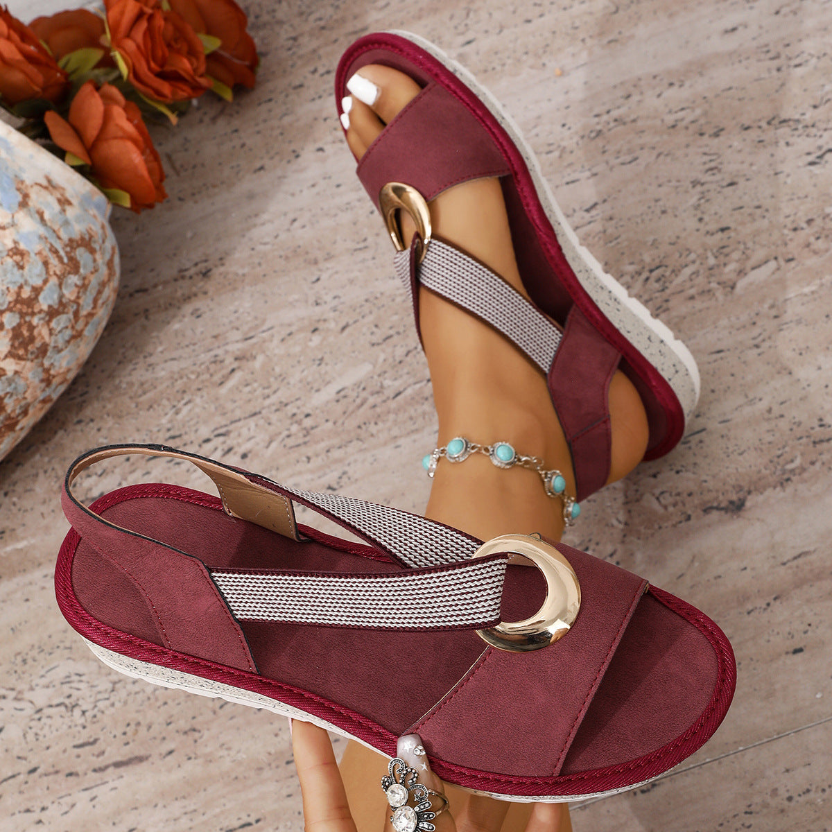 Philippa | Comfortable Low Heeled Nude Sandals For Summer Days — Burgundy