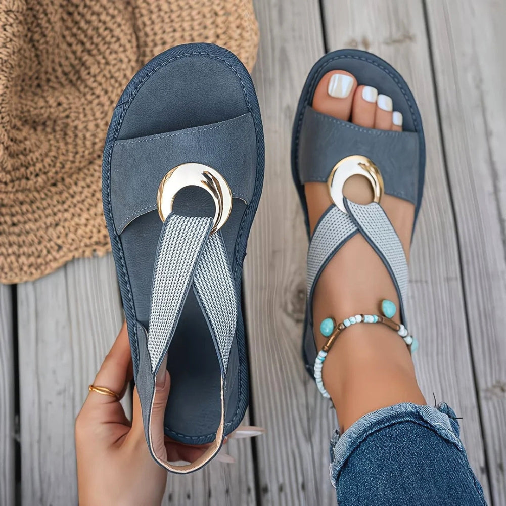 Philippa | Comfortable Low Heeled Nude Sandals For Summer Days — Blue