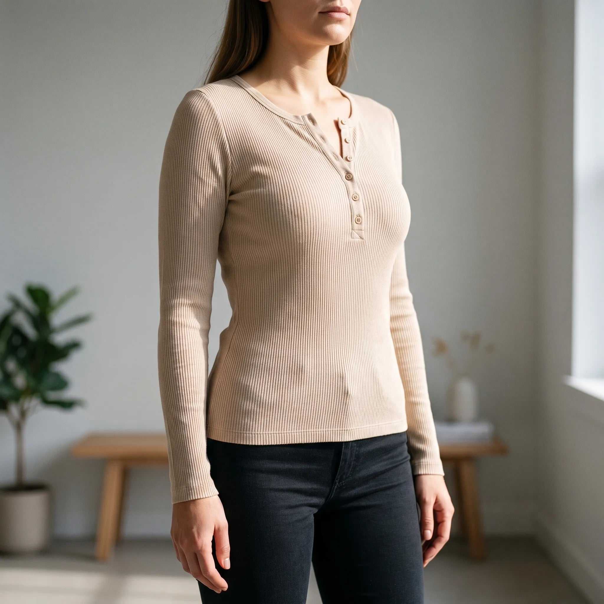 Vantoma - Ribbed Textured Button Long Sleeve Top