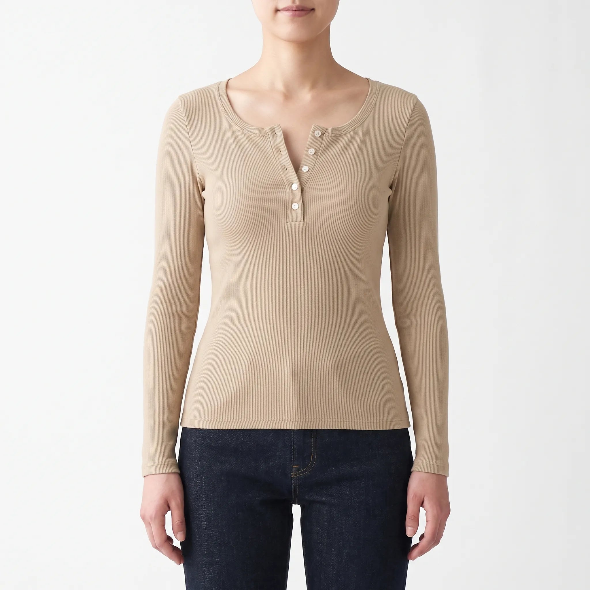Vantoma - Ribbed Textured Button Long Sleeve Top
