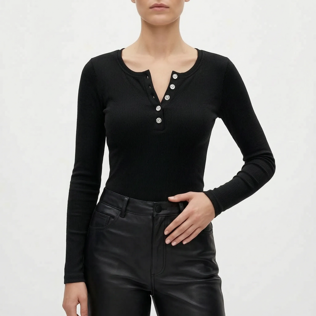 Vantoma - Ribbed Textured Button Long Sleeve Top