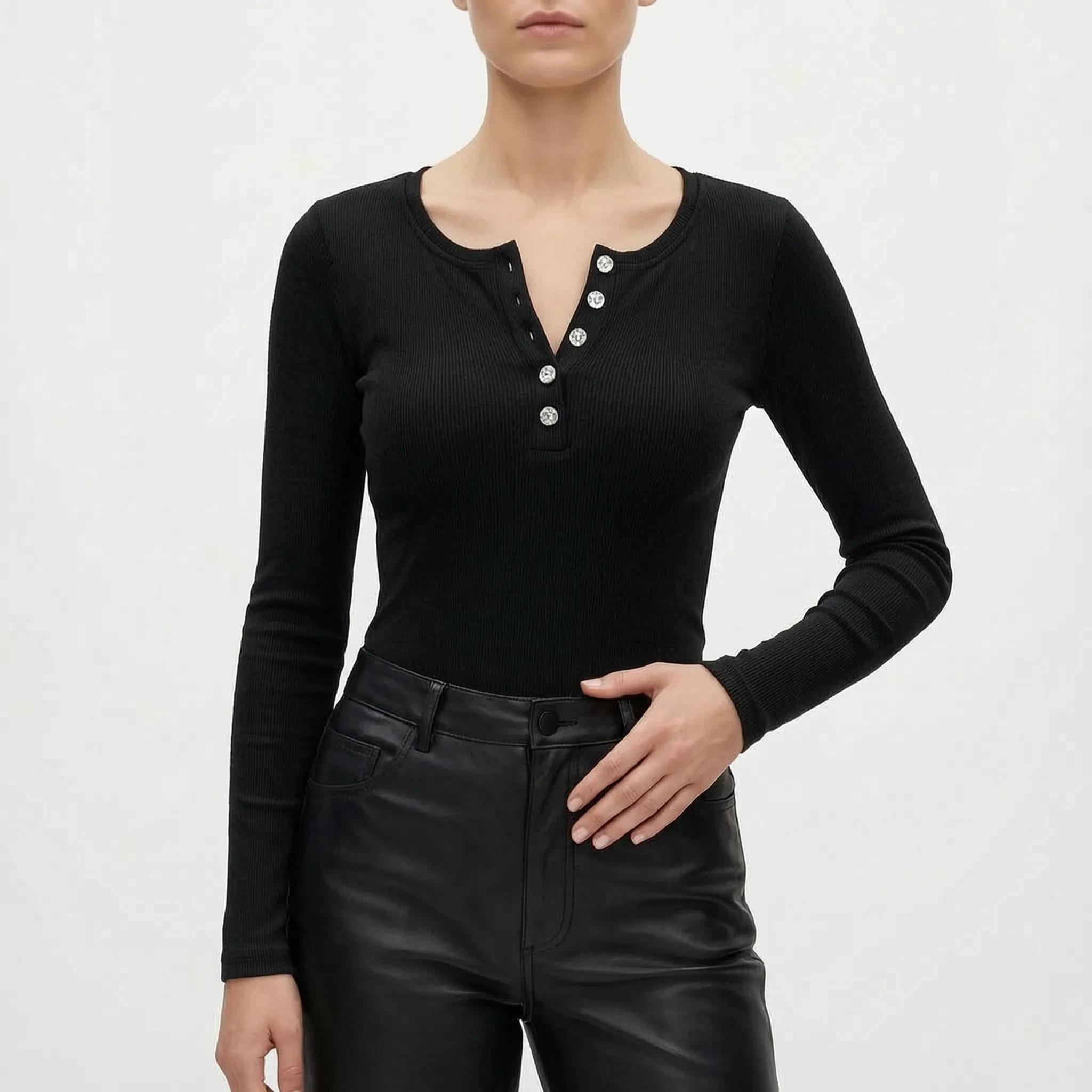 Vantoma - Ribbed Textured Button Long Sleeve Top