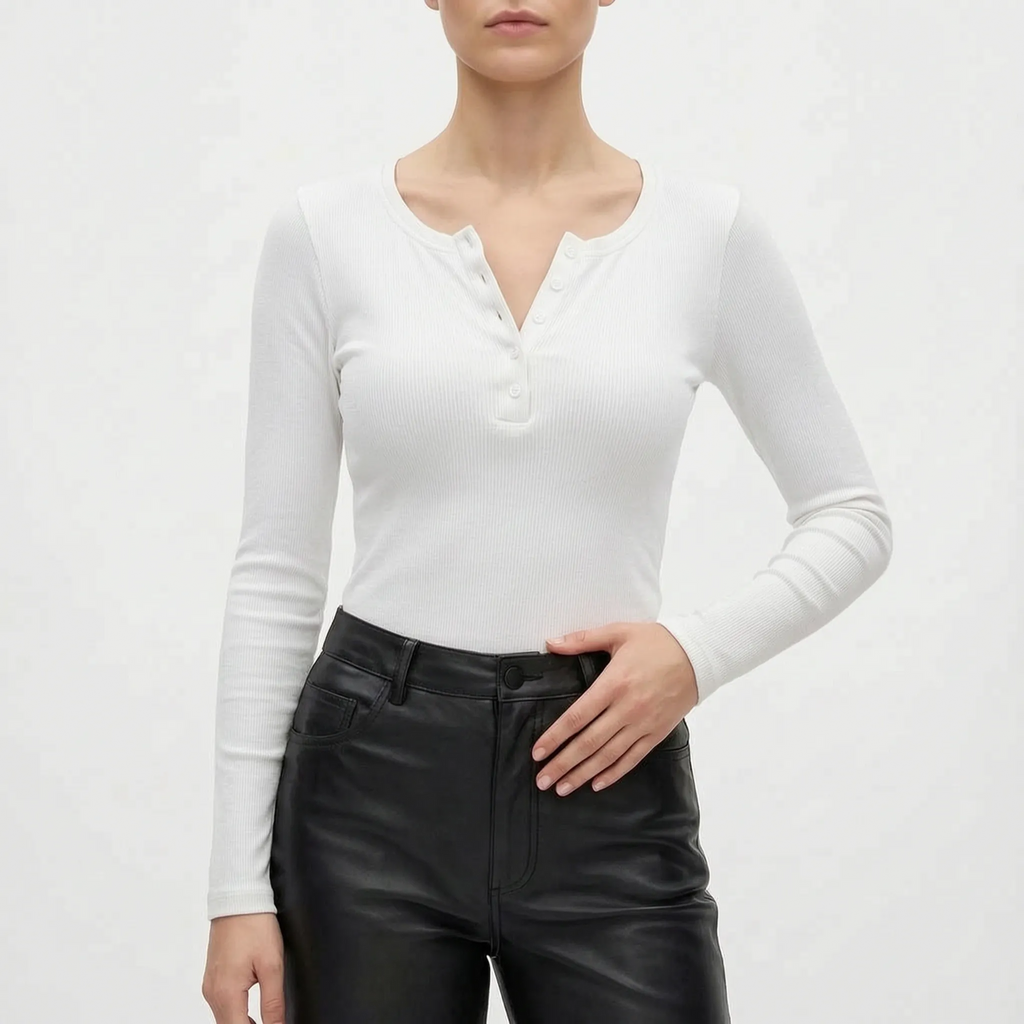 Vantoma - Ribbed Textured Button Long Sleeve Top