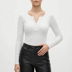 Vantoma - Ribbed Textured Button Long Sleeve Top
