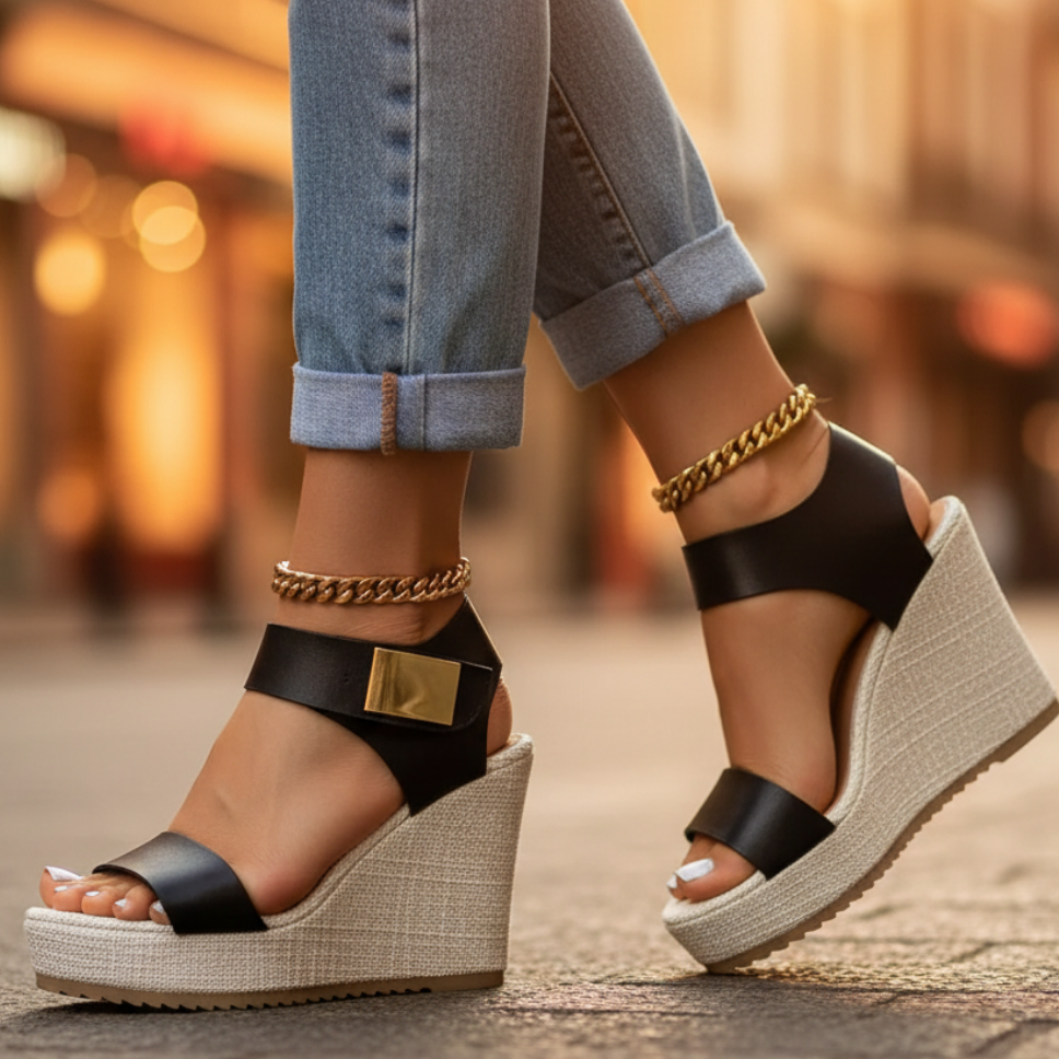 Liliana | Comfortable Low Heeled Silver White Sandals Wedge Heel — Black