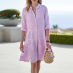 Ophelia | White Striped Linen Midi Shirt Dress — Pink