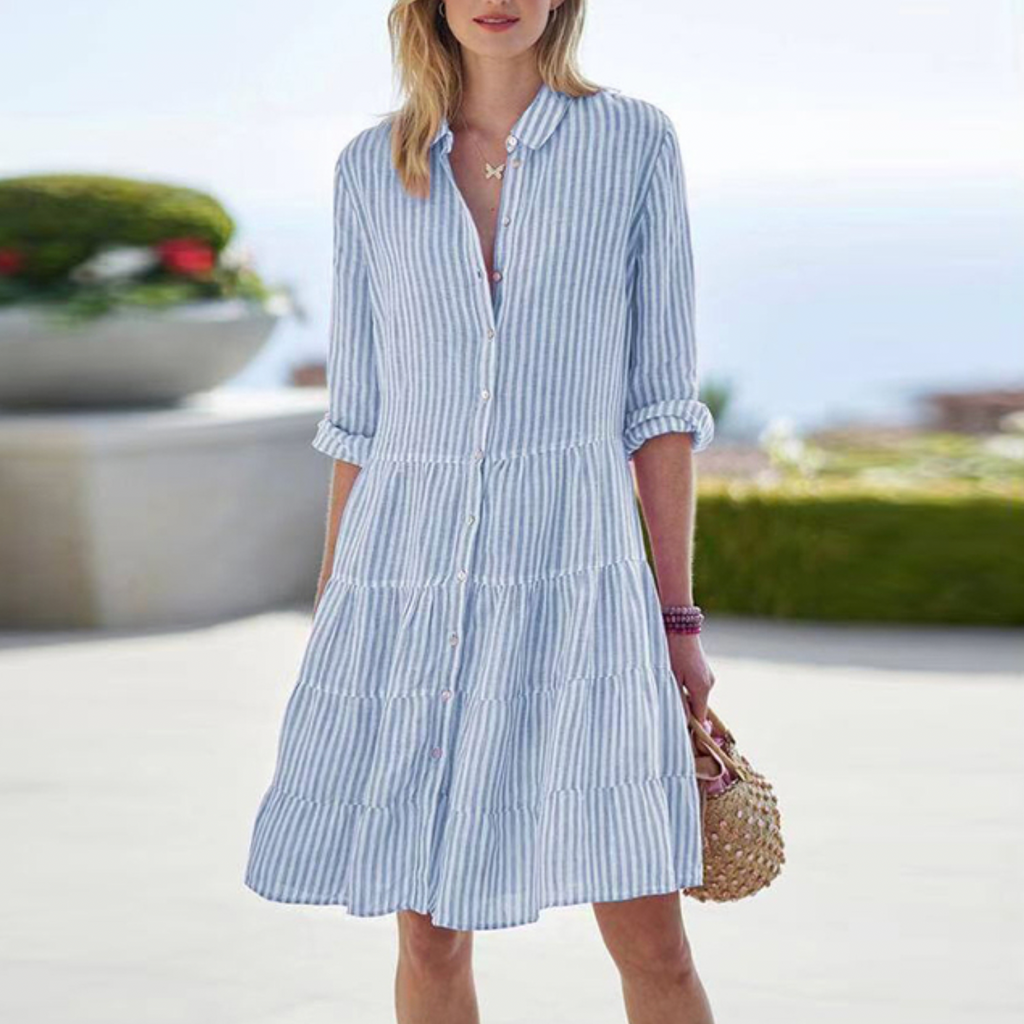 Ophelia | White Striped Linen Midi Shirt Dress — Blue
