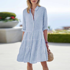 Ophelia | White Striped Linen Midi Shirt Dress — Blue