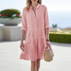 Ophelia | White Striped Linen Midi Shirt Dress — Red