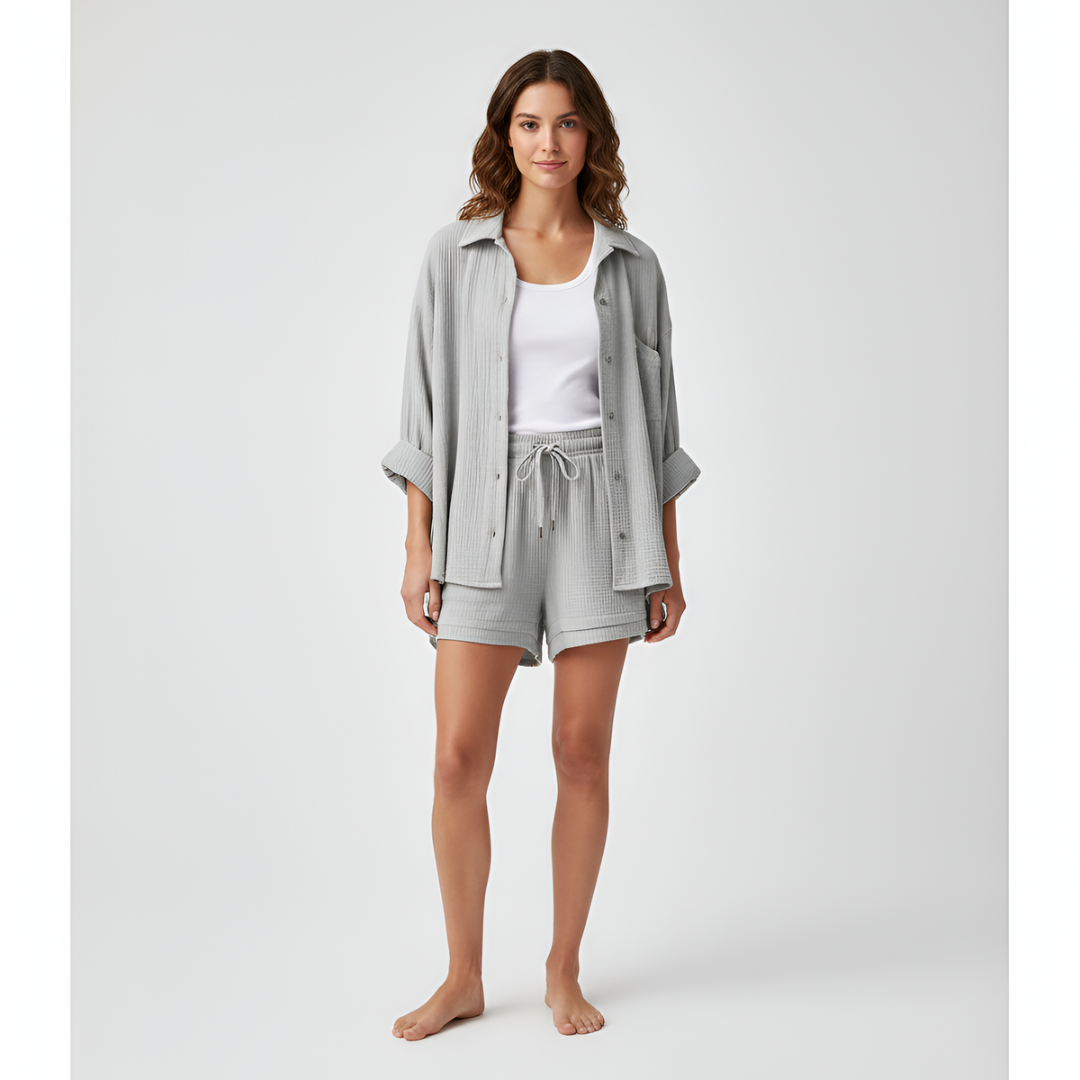 Arabella | Oversized Summer Jumpsuits Shirt & Shorts Set — Light Grey