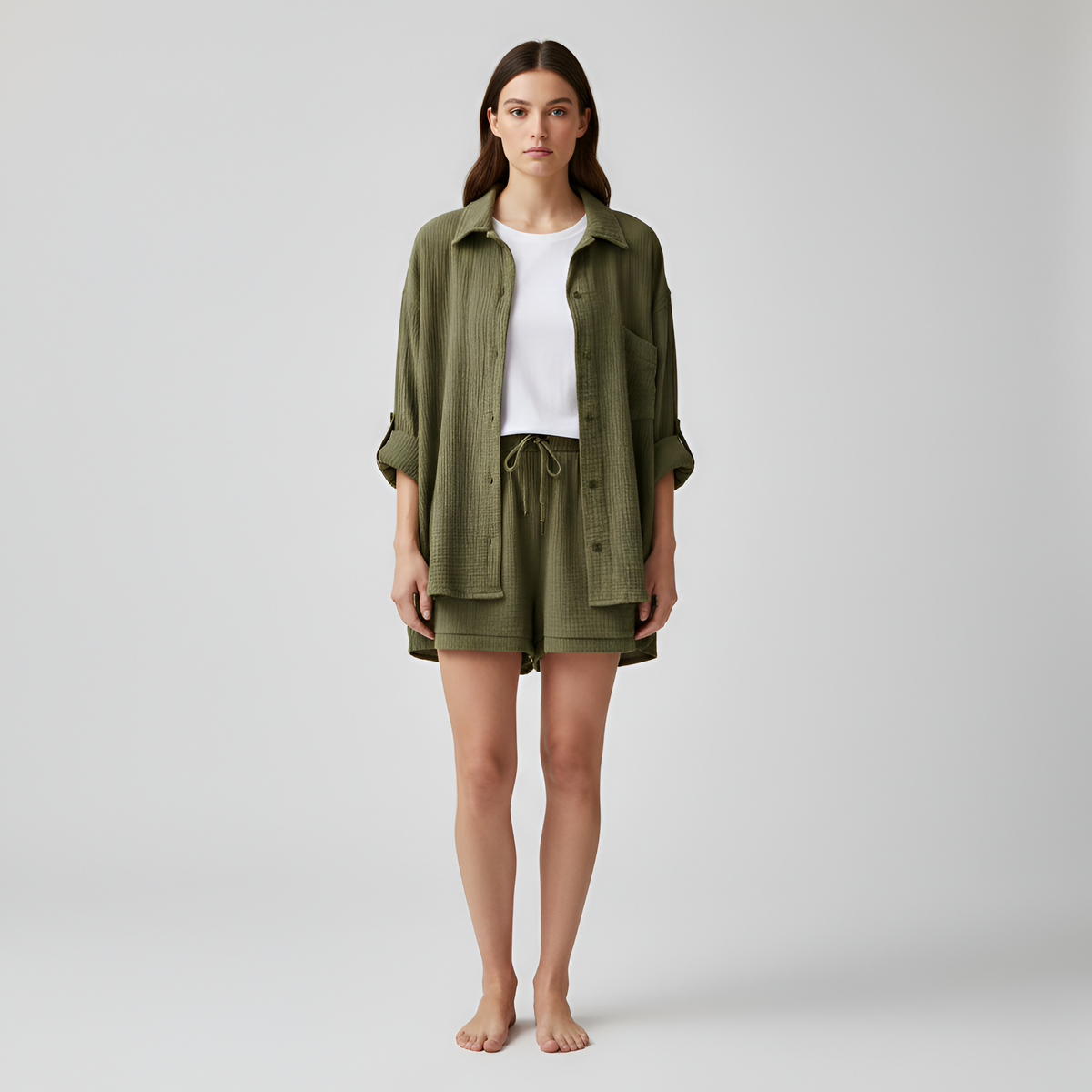 Arabella | Oversized Summer Jumpsuits Shirt & Shorts Set — Olive green