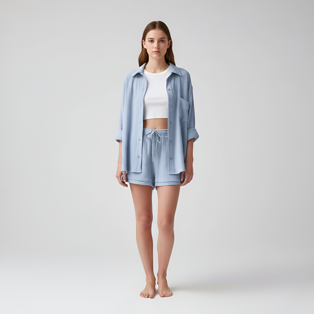 Arabella | Oversized Summer Jumpsuits Shirt & Shorts Set — Light Blue