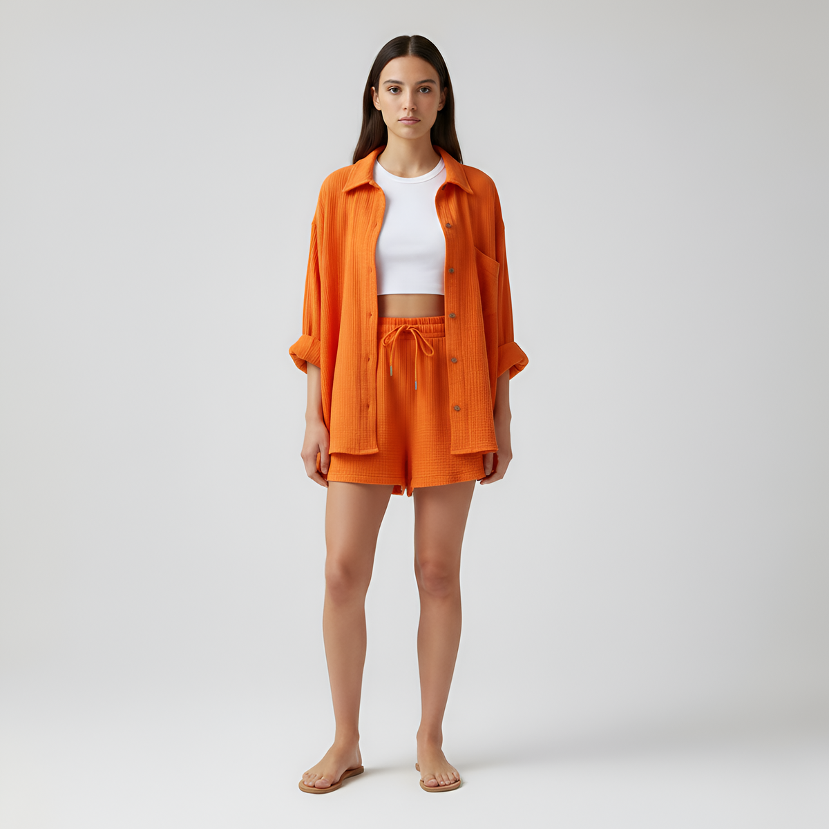 Arabella | Oversized Summer Jumpsuits Shirt & Shorts Set — Orange
