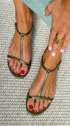 Ghislaine | Strappy Flat Sandals Low Heel Silver Mid Occasion — Olive green