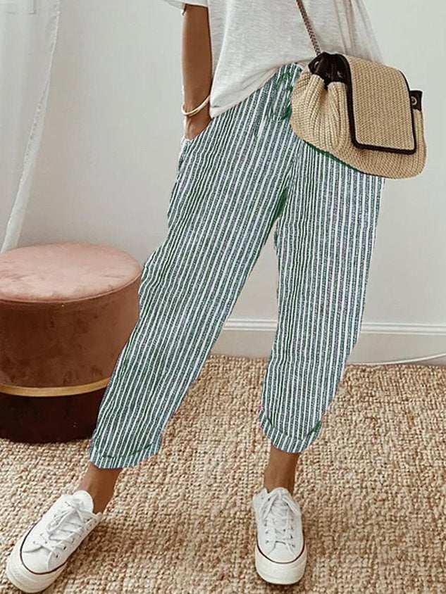 Albane | White Pink Cream Wide Leg Linen Pants Women Summer — Green (Striped)