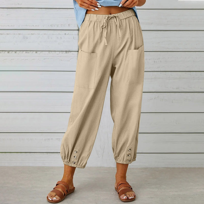 Penelope | Wide Leg Linen Cropped Trousers Elasticated Waist Pants — Khaki