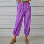 Penelope | Wide Leg Linen Cropped Trousers Elasticated Waist Pants — Purple