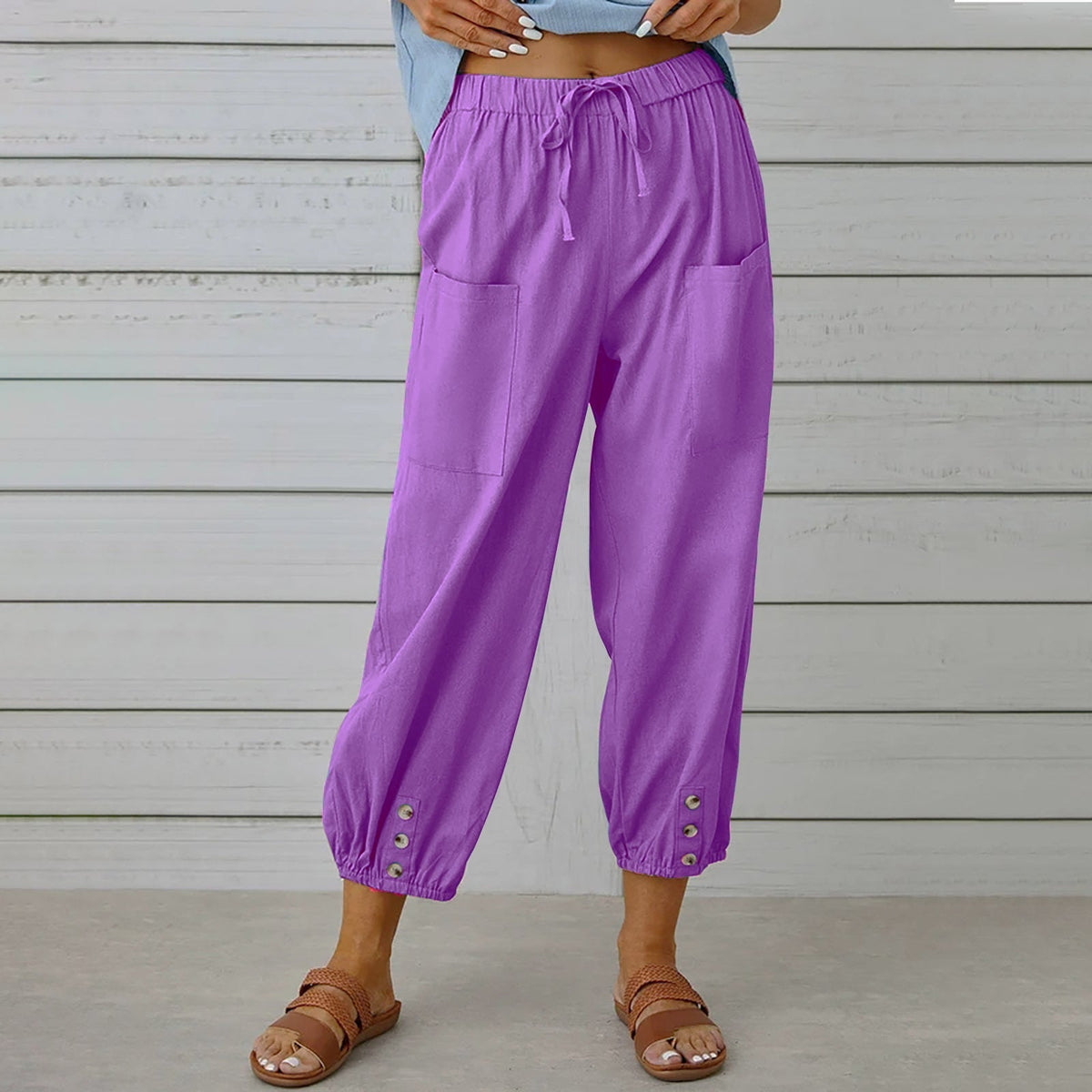 Penelope | Wide Leg Linen Cropped Trousers Elasticated Waist Pants — Purple