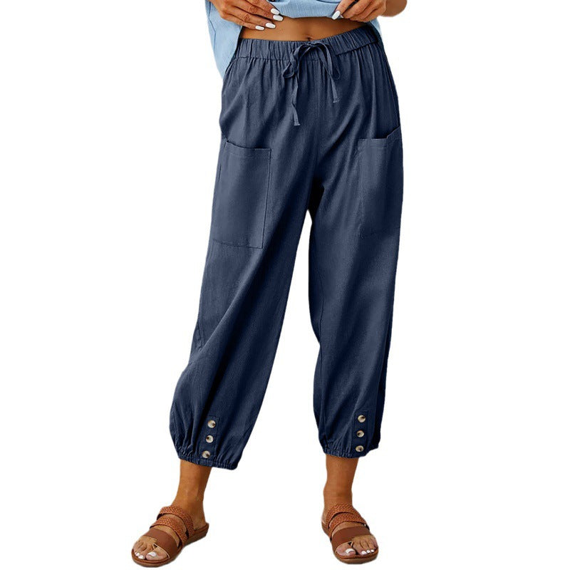 Penelope | Wide Leg Linen Cropped Trousers Elasticated Waist Pants
