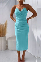 Romilly | Strapless Brown Ruched Bodycon Midi Dress Summer — Turqoise