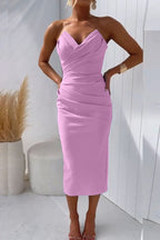 Romilly | Strapless Brown Ruched Bodycon Midi Dress Summer — Pink