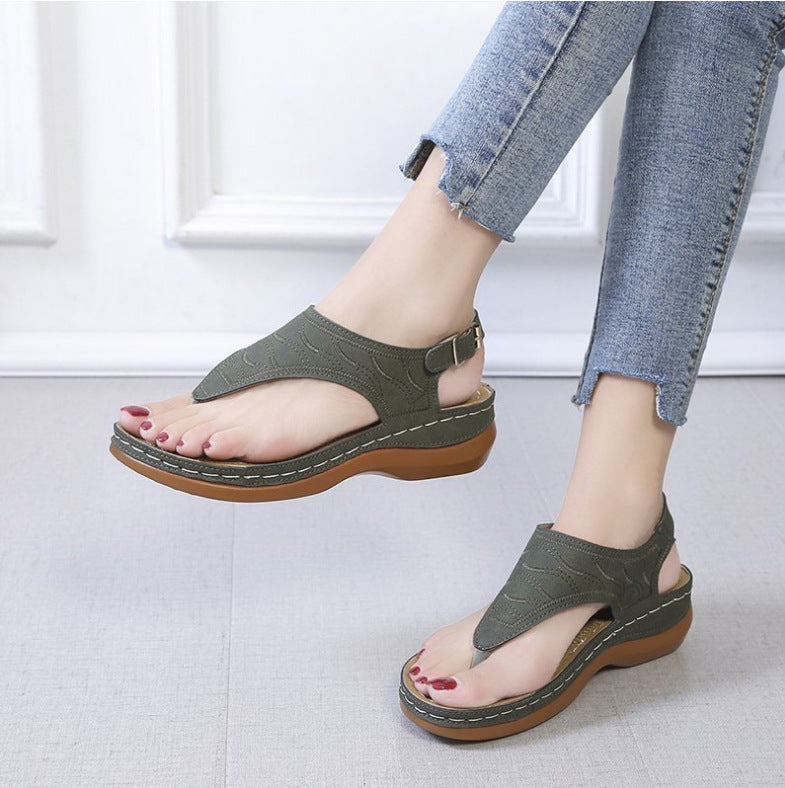 Ingrid | Women Two-Tone Leather Low Heel Roman Sandals — Green