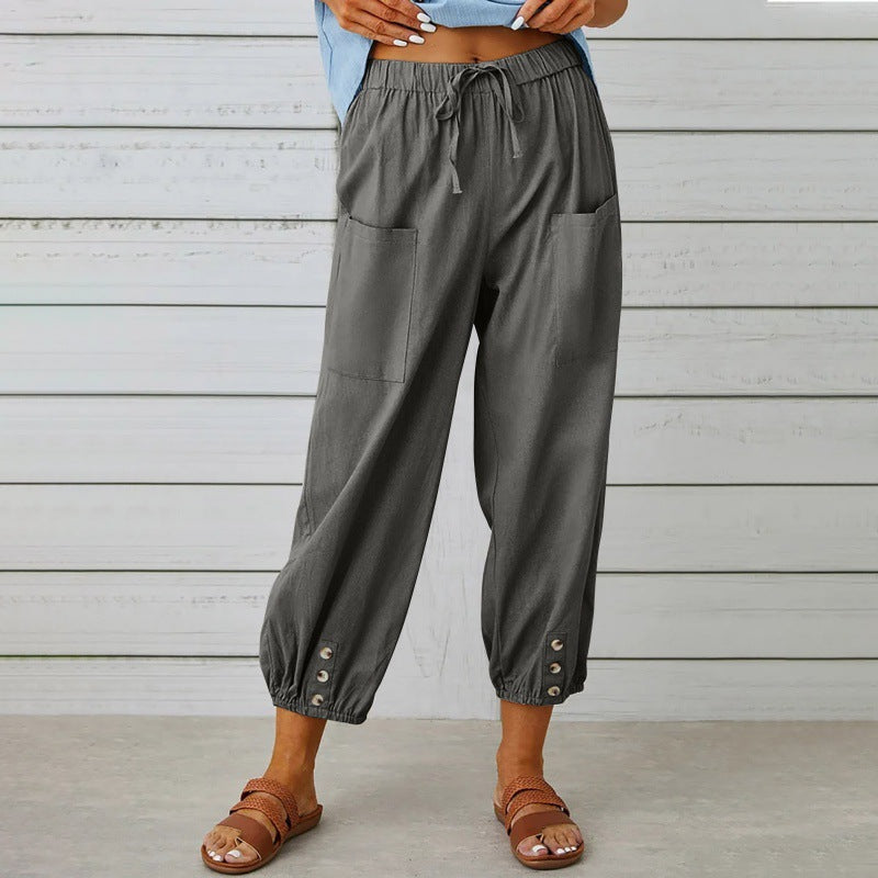 Penelope | Wide Leg Linen Cropped Trousers Elasticated Waist Pants — Dark Gray