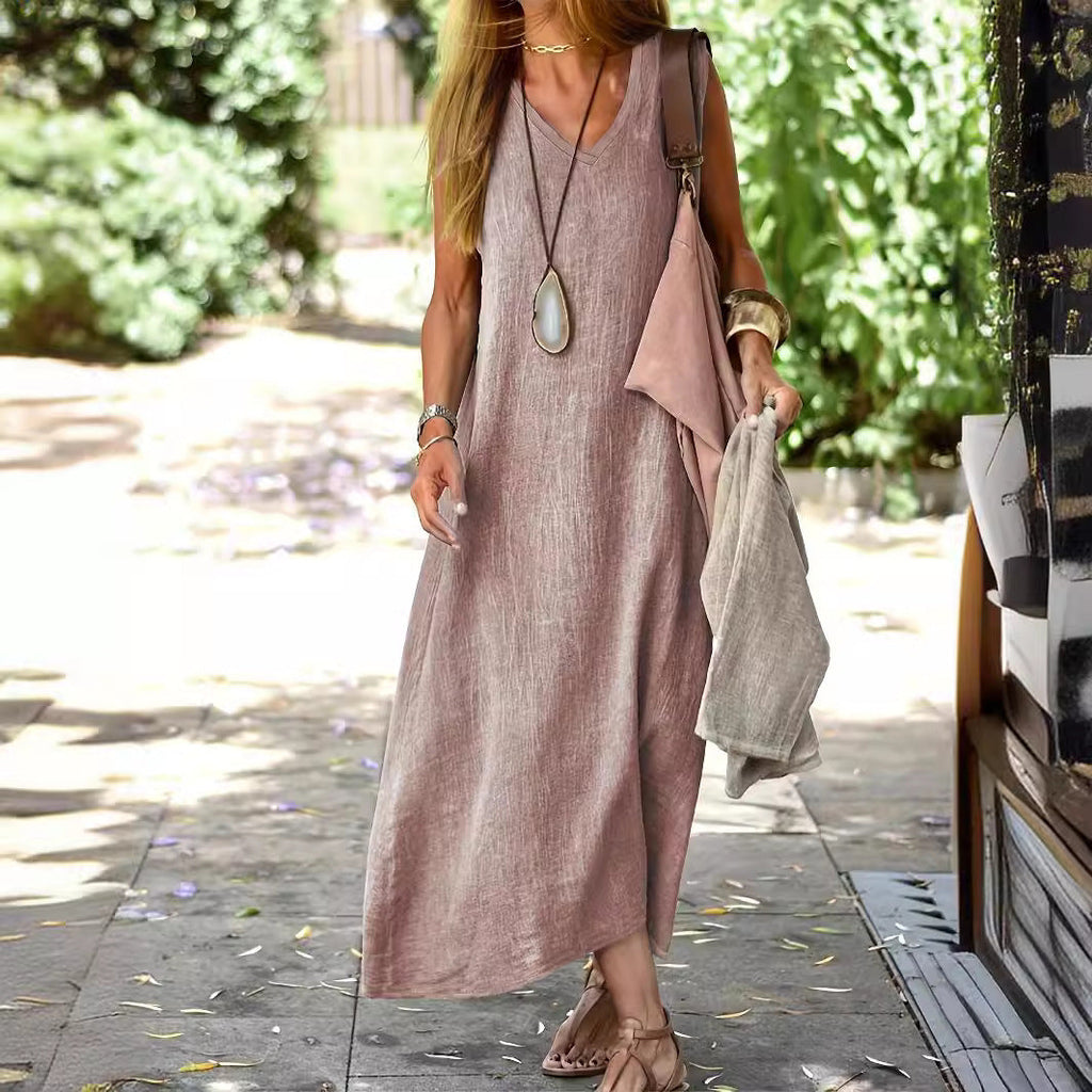 Apolline | Cotton Linen Silk Satin Maxi Dress Women Occasion — Taupe