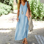 Apolline | Cotton Linen Silk Satin Maxi Dress Women Occasion — Light Blue